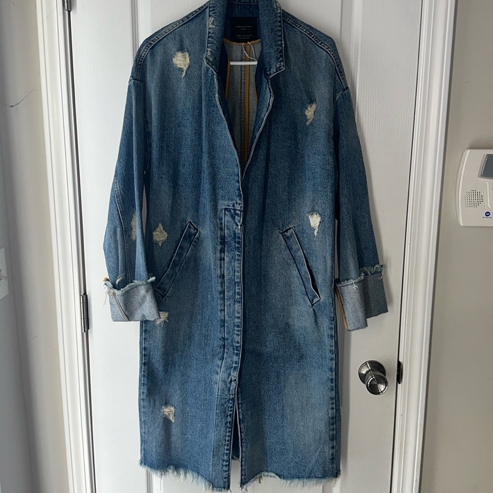 Zara Distressed Long Denim Jacket - Blue